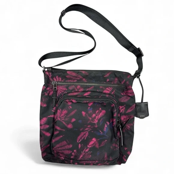 Tumi Voyageur Pink Black Abstract Nylon Crossbody Bag Adjustable Strap Travel - Picture 1 of 7
